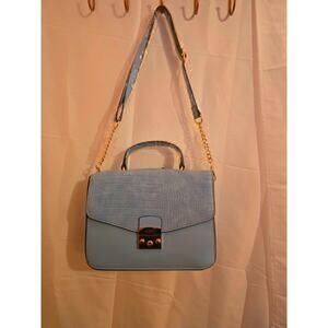 Iman Global Chic Satchel /Crossbody Light Blue Flower Garden Gold Hardware NWT